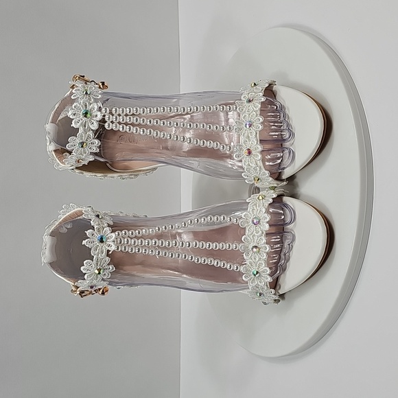 Crystal Queen White Lace Pearl Wedding Heels Bridal Sandals 41 Floral Stiletto - Picture 4 of 15